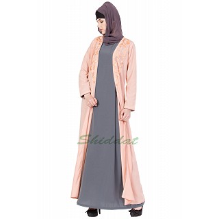 Double layered abaya with embroidery- Pink-Grey